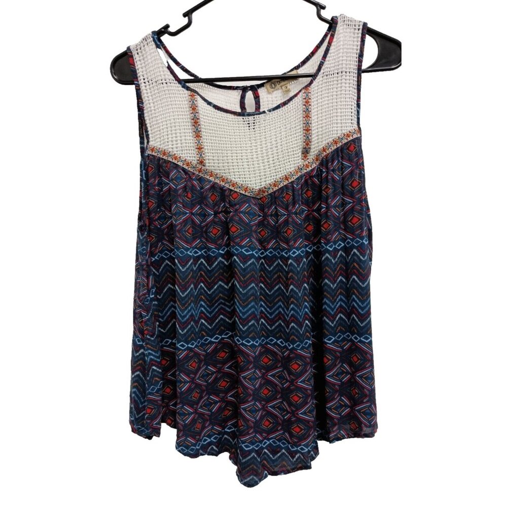 Democracy BOHO Top Womens Medium Navy Floral Crochet Sleeveless Festival Casual